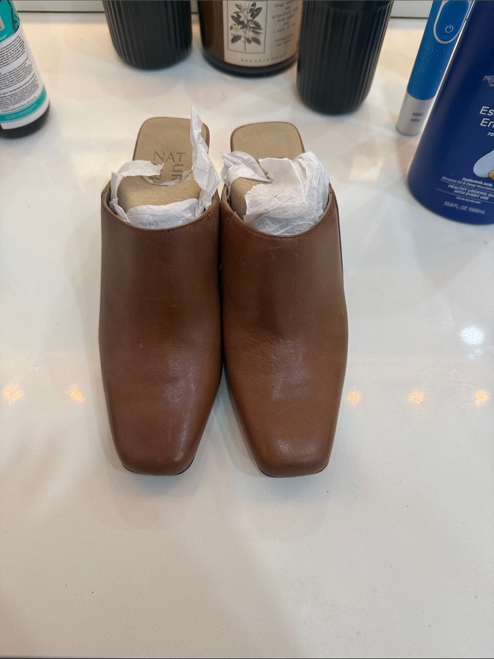 Naturalizer Brown Leather Square-Toe Mule Slides
